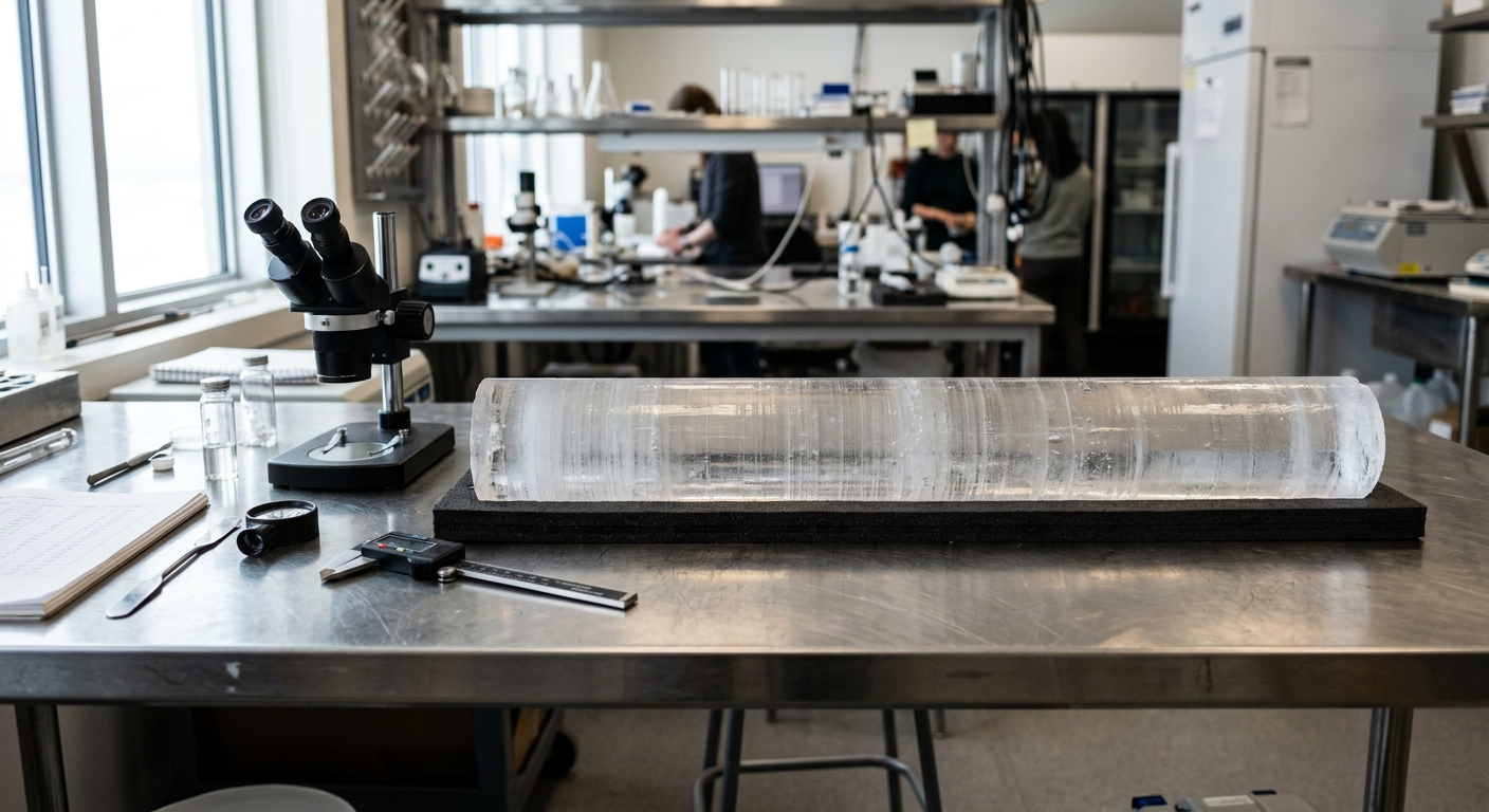 a long, cylindrical core of translucent ice resting on a stainless steel laboratory table, surrounded by scientific measuring instruments and magnifying equipme