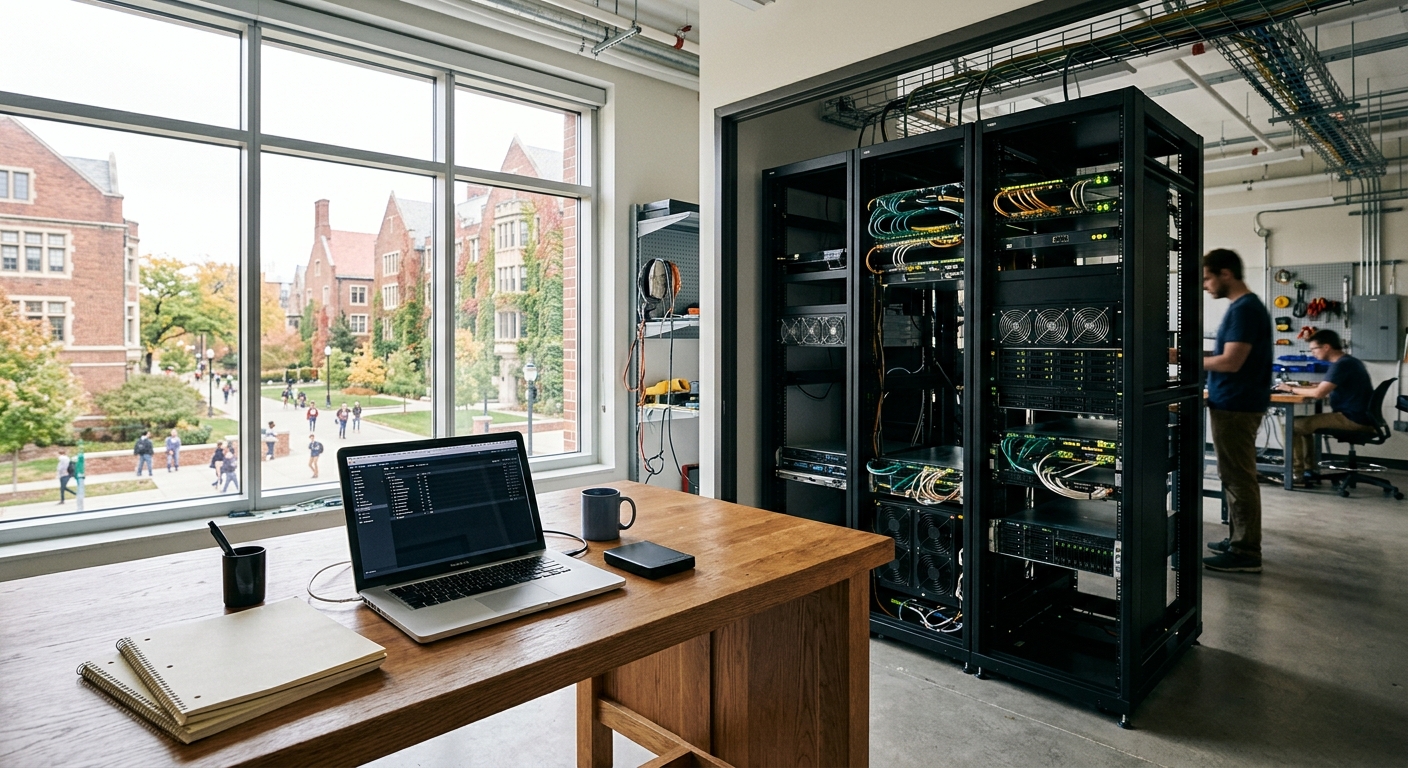 a modern university research lab featuring sleek computer server racks and a wooden desk with a laptop and blank notebooks, with a window overlooking traditiona