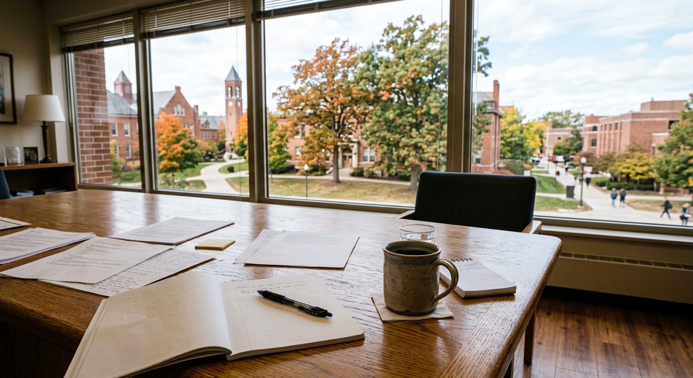 a wooden conference table with scattered paperwork, a pen, and a ceramic coffee mug, situated in an office with a large window overlooking a classic Midwestern