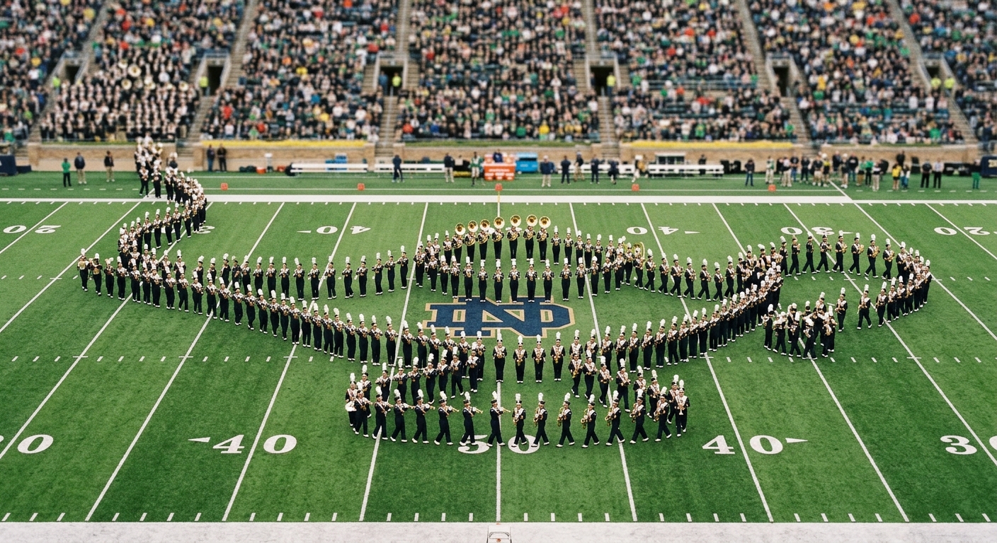 a large college marching band in traditional wool uniforms and plumed hats, marching on a green turf football field during a daytime halftime show, with the mus