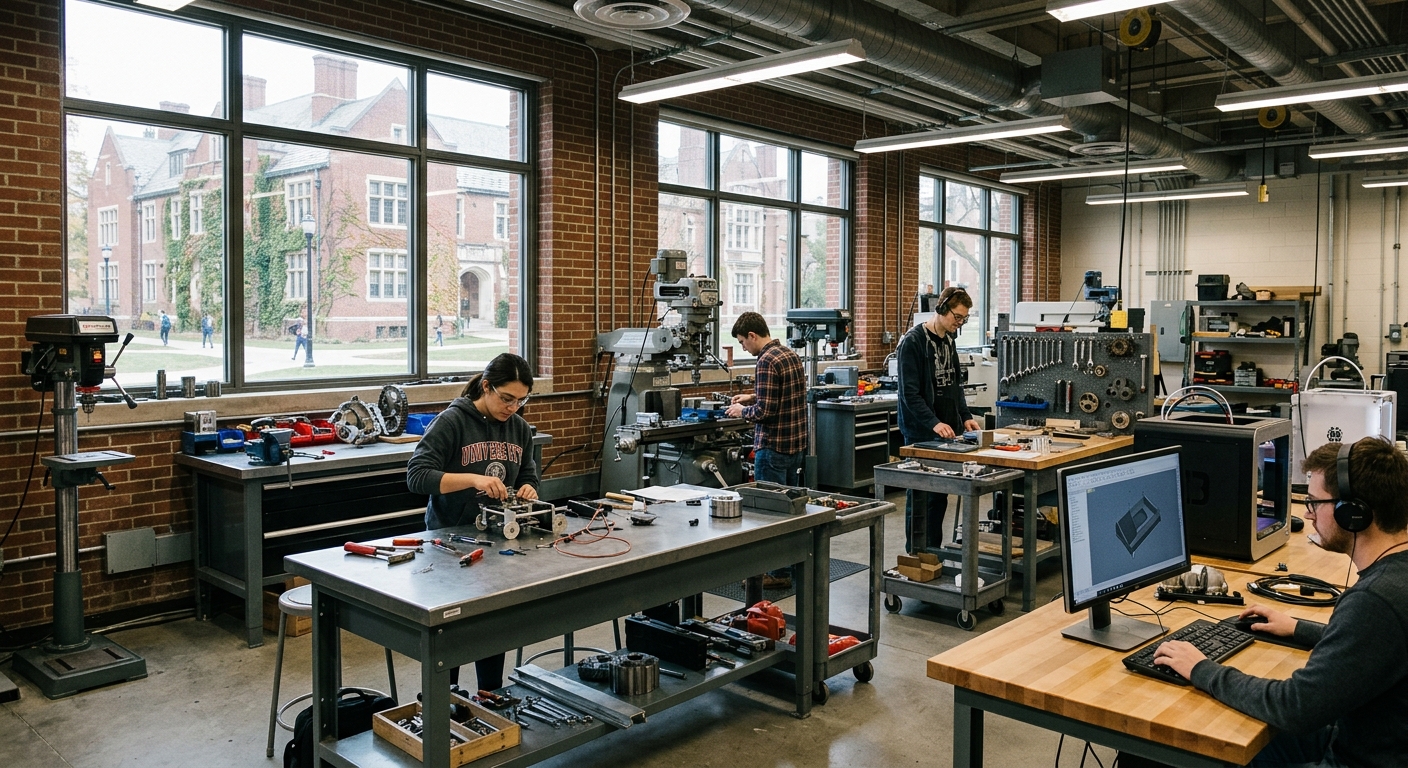 a modern university manufacturing laboratory equipped with industrial workbenches, mechanical prototyping tools, and computer stations, with traditional red bri