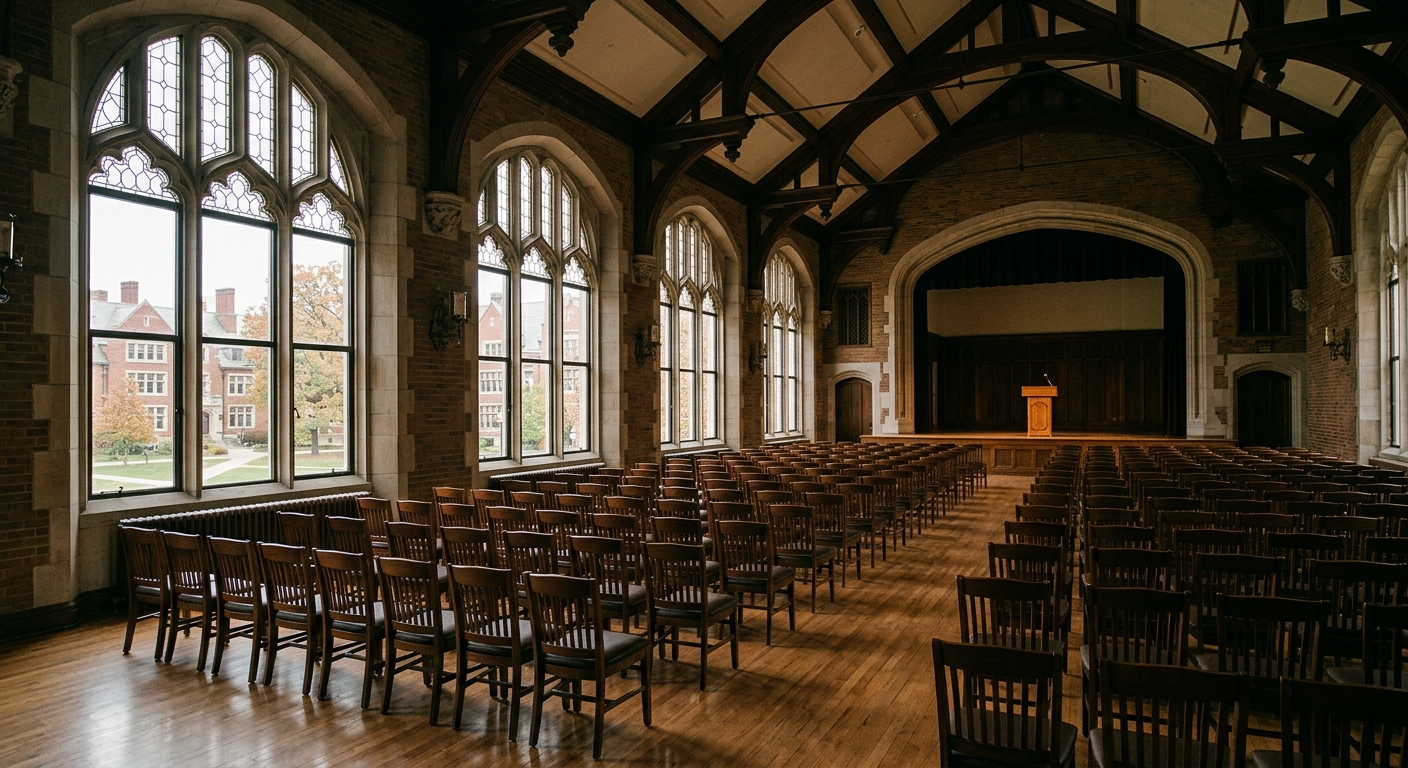 an empty event venue setup with neatly arranged rows of chairs facing a wooden podium inside a traditional university hall, with large windows looking out onto