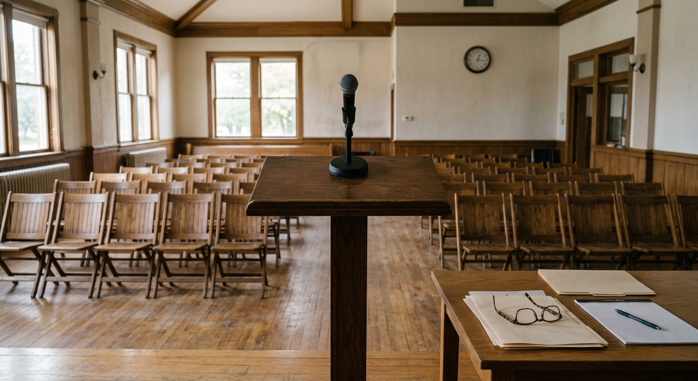a single microphone on a wooden podium in a quiet community hall meeting room with rows of empty wooden chairs and classic Midwestern interior architecture, a p