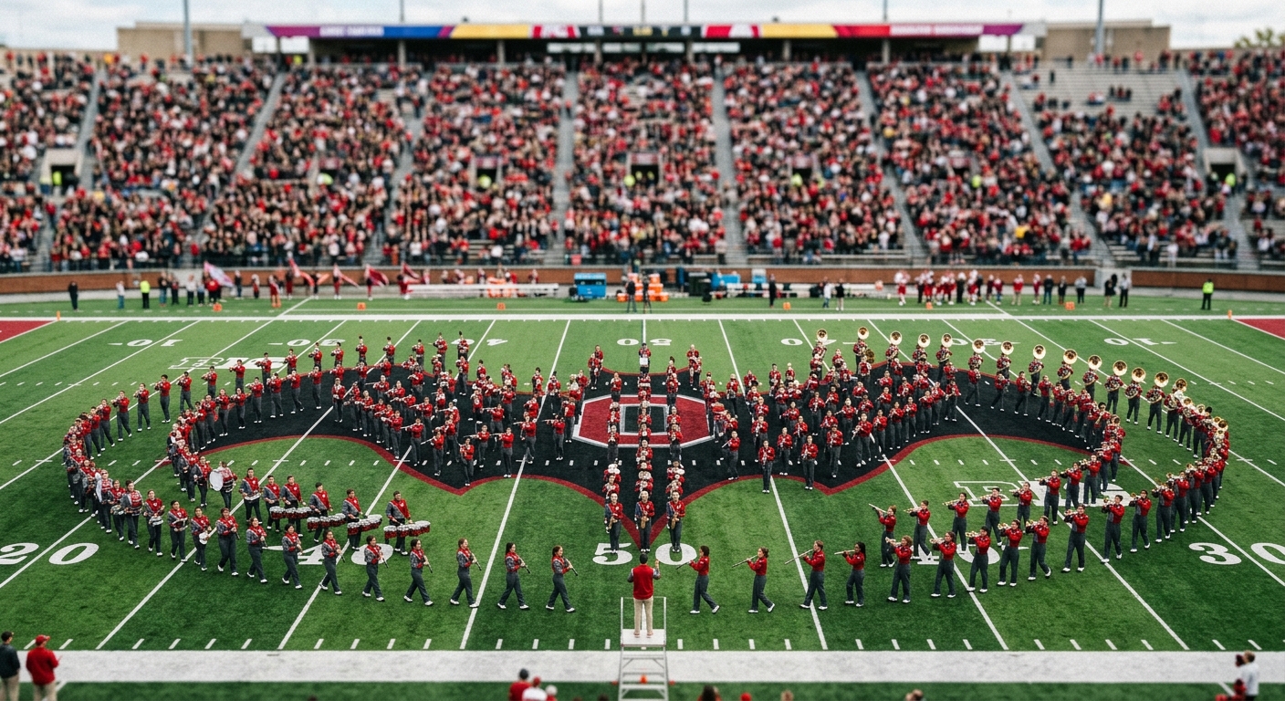 a large college marching band in red and grey uniforms performing on a green turf football field, arranged in a sweeping bat-like formation, surrounded by a mas