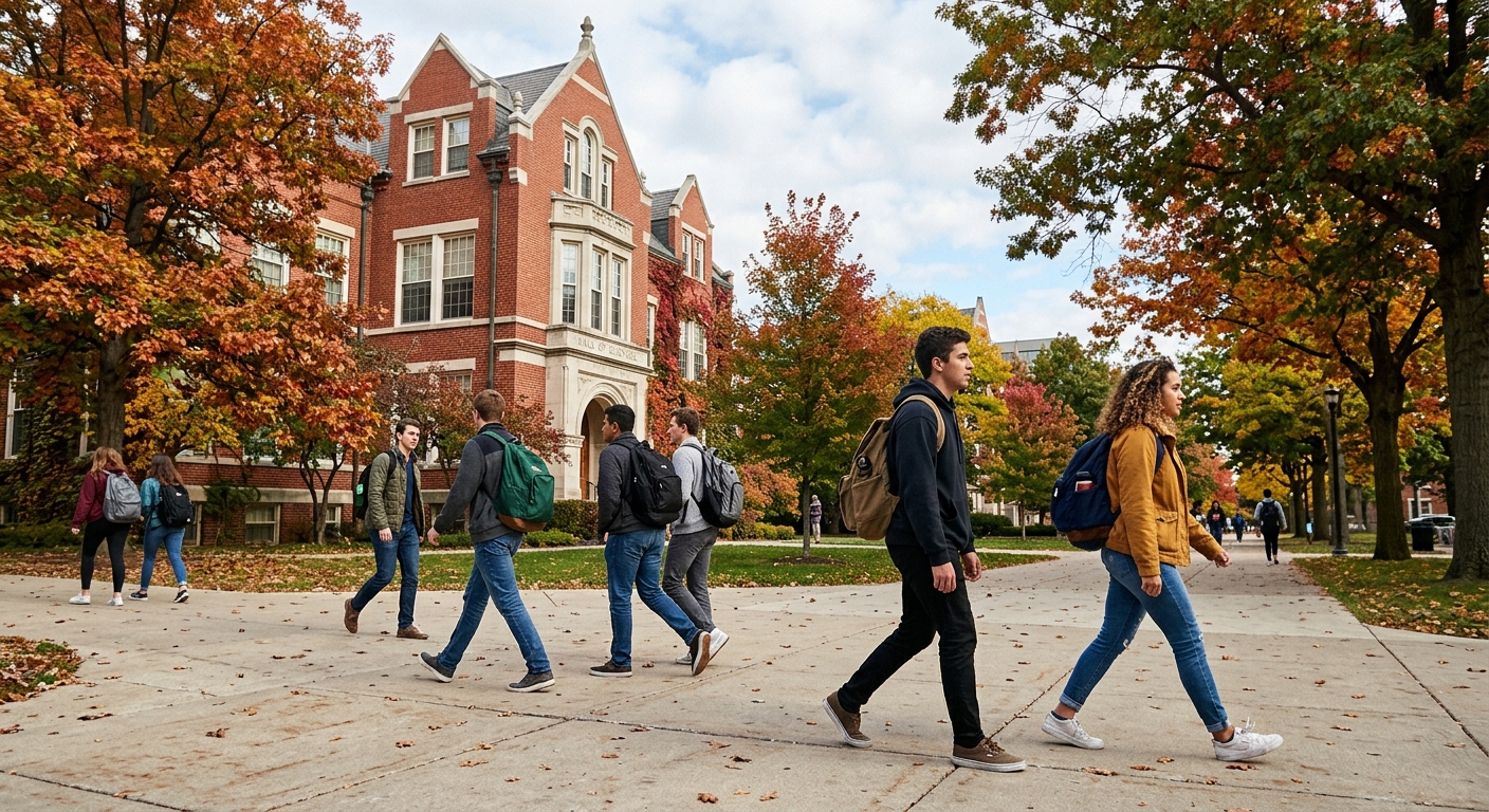 several college students with backpacks walking along a wide concrete sidewalk lined with mature trees featuring autumn foliage, passing by a classic red brick