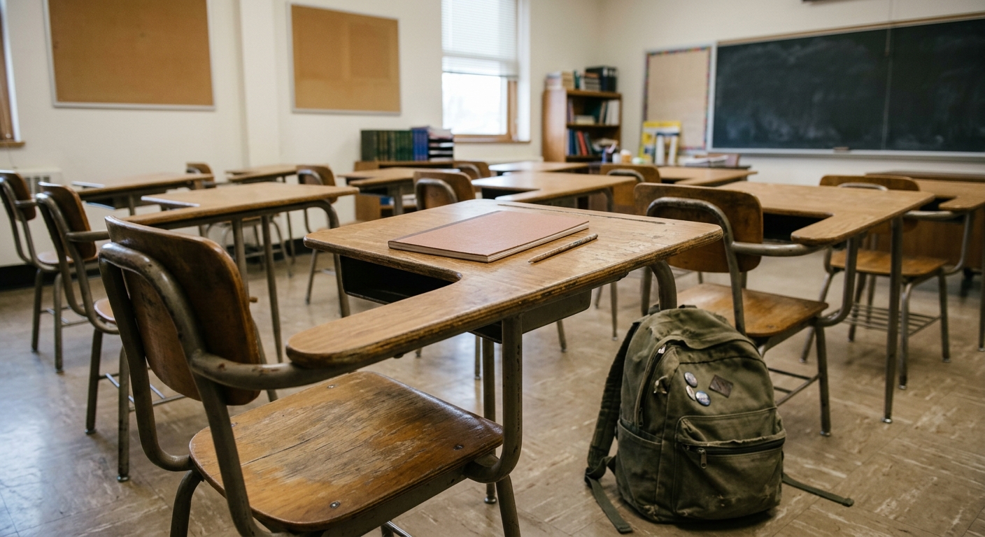 an empty wooden student desk in a quiet Midwestern public school classroom, a closed blank notebook on the desk, a worn backpack resting on the floor nearby, co