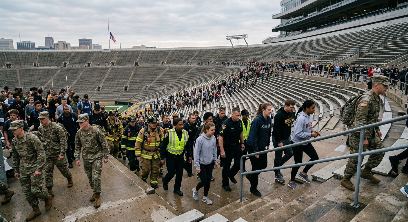 a diverse crowd of military cadets in uniform, local first responders in gear, and everyday university students walking together up the steep concrete steps of