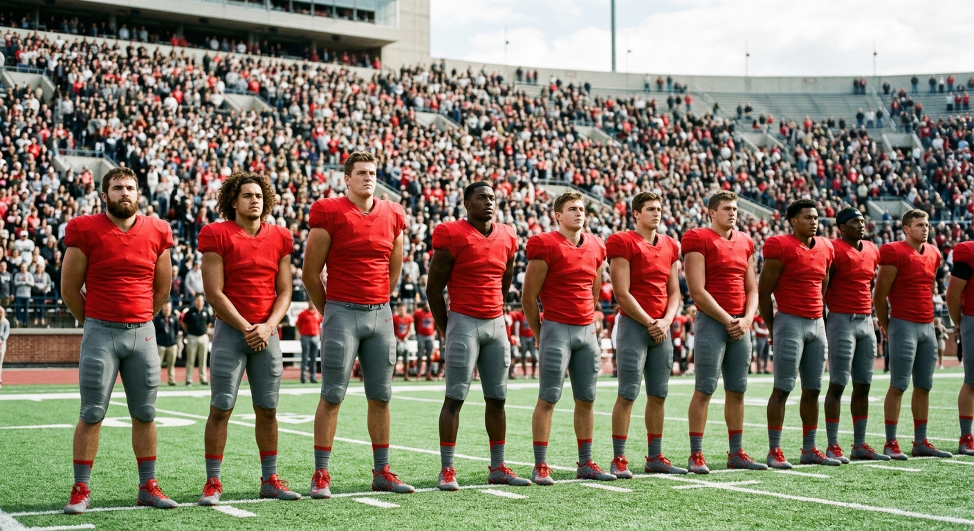 a group of college football players standing side-by-side on a large green turf field during a daytime pre-game ceremony, wearing plain red and gray uniforms, w