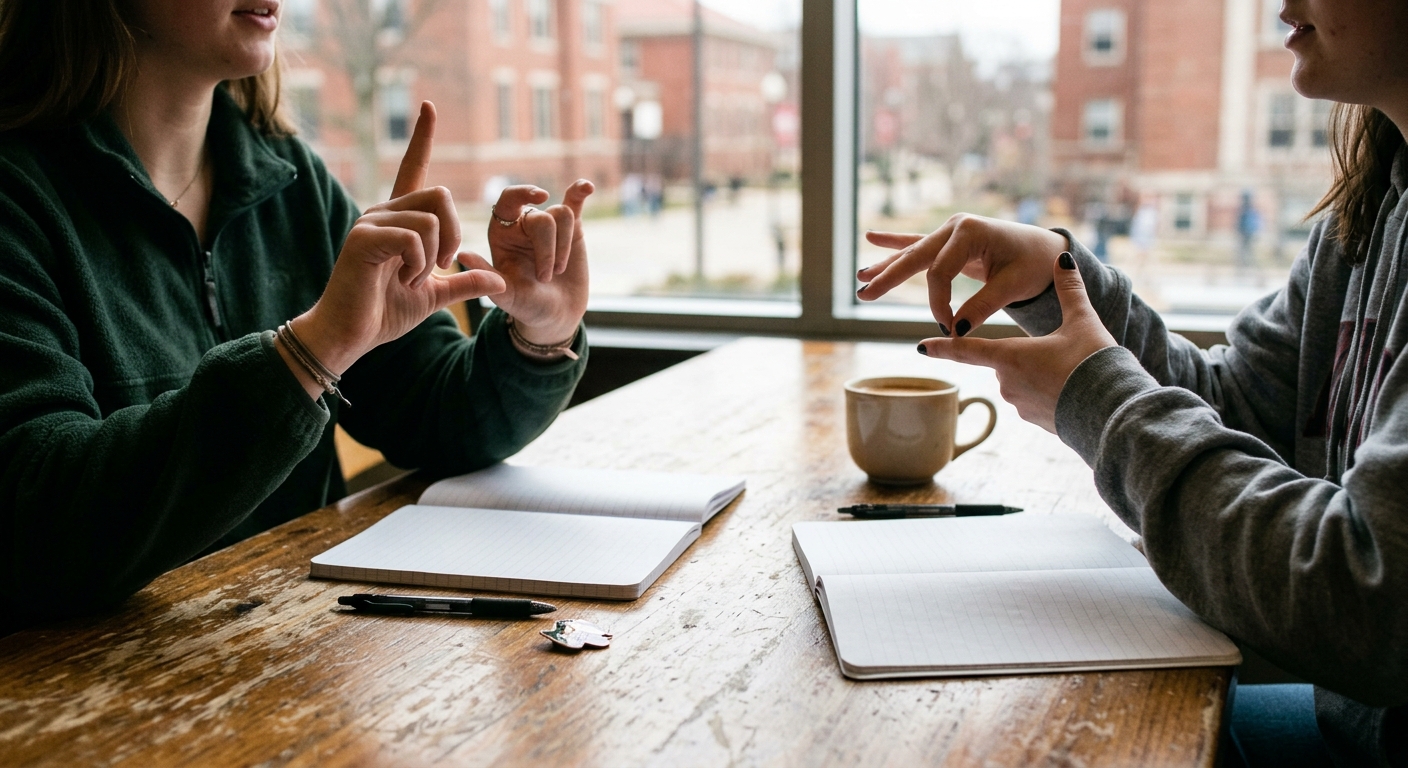 two college students sitting at a wooden table in a midwestern university lounge, with the camera focused closely on their hands as they communicate using sign