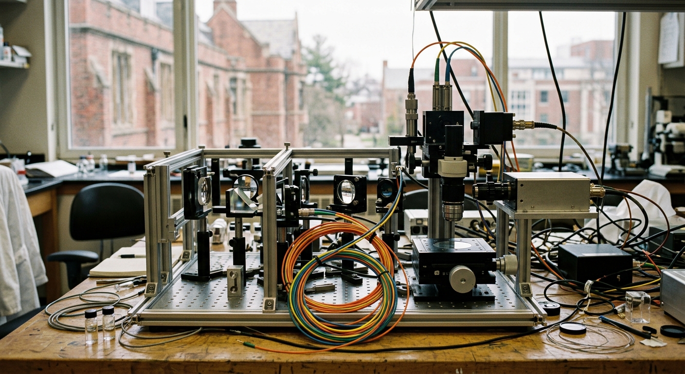 complex scientific equipment featuring glass lenses, coiled fiber optic cables, and machined metal framing on a laboratory workbench, with a blurred window show