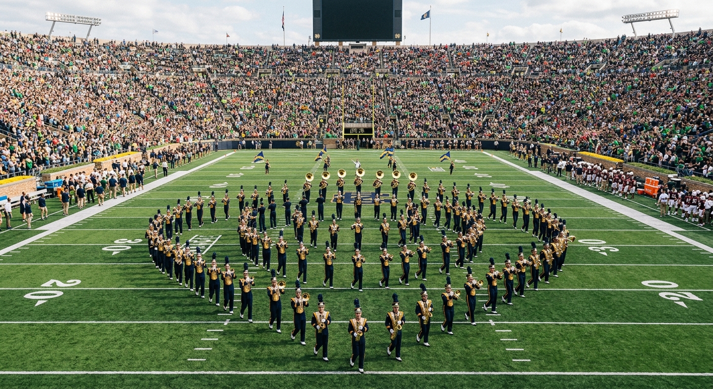 a large collegiate marching band performing on a green football field inside a massive stadium, musicians in traditional uniforms holding brass instruments in f