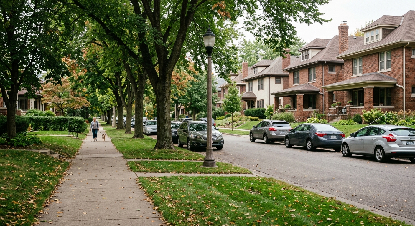 a quiet urban sidewalk lined with mature shade trees and a grassy median, typical of a Midwestern American neighborhood, with older brick residential buildings