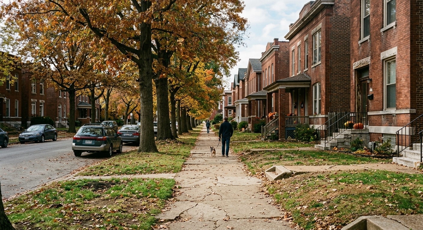 a tree-lined sidewalk running alongside older brick residential buildings in a midwestern American city, with patchy grass and mature trees bordering the cracke