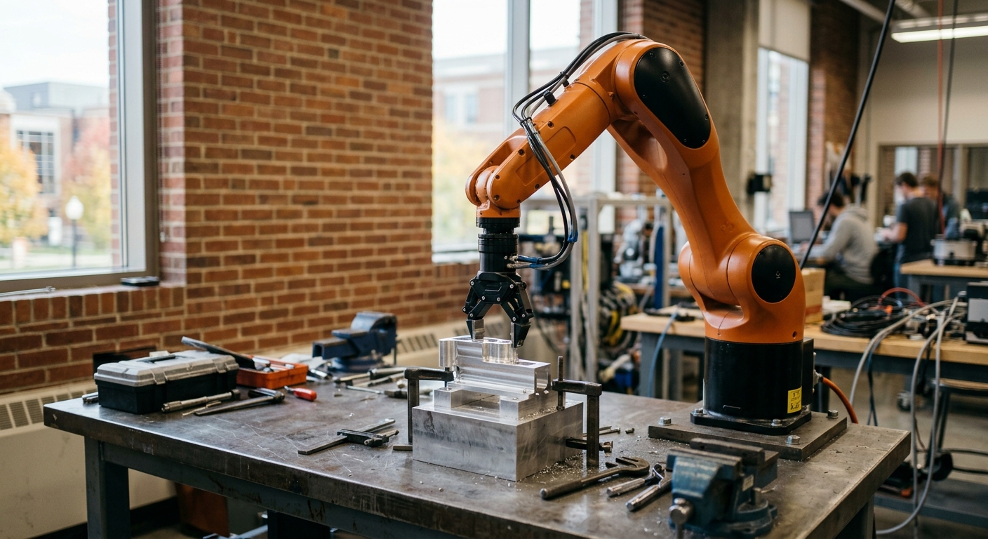 an industrial robotic arm positioned over a milled metal component on a heavy workbench inside a modern university engineering lab, with out of focus brick wall