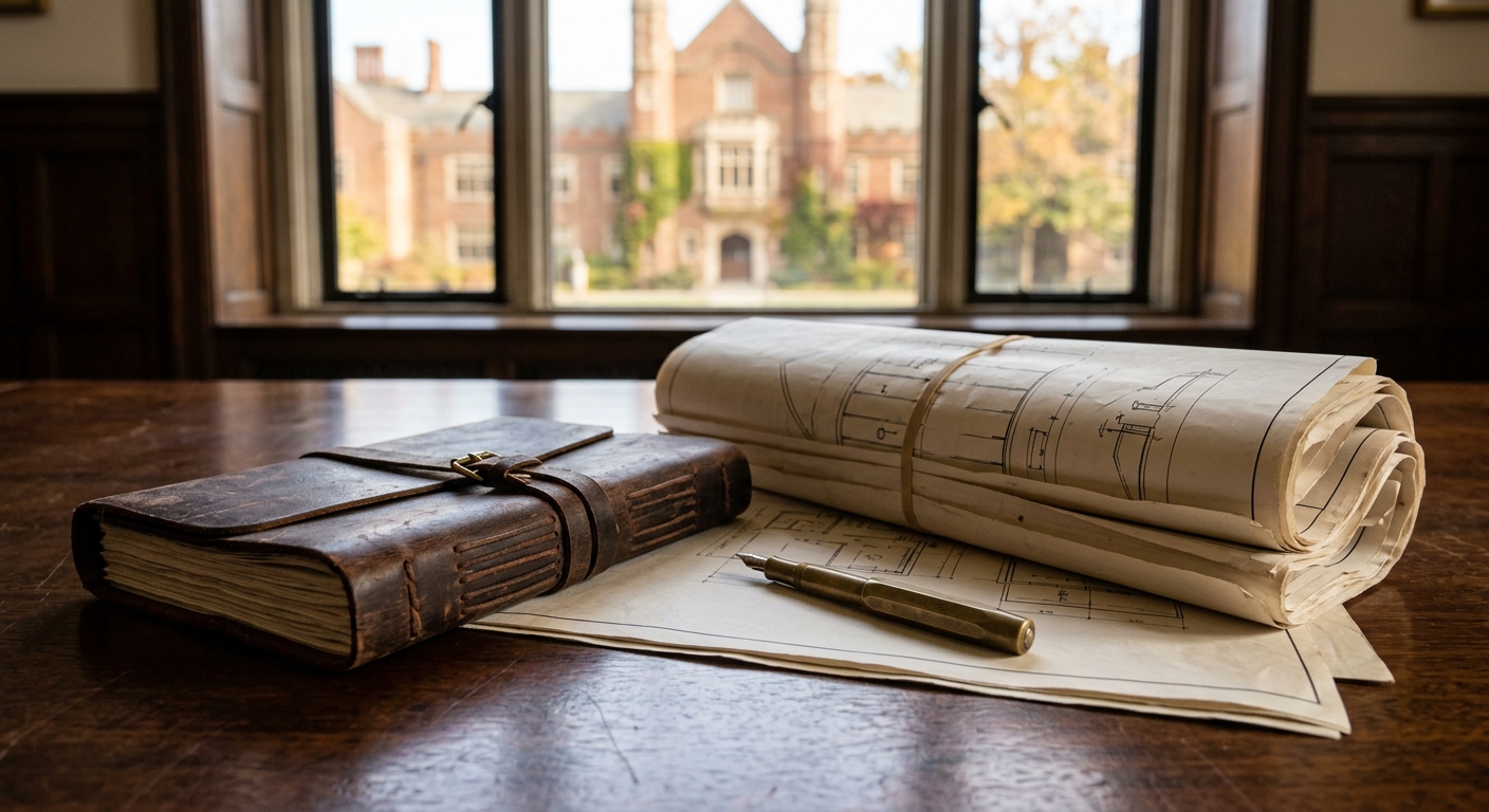 a thick leather-bound folio, a brass pen, and a stack of printed architectural blueprints on a long mahogany conference table in a traditional university boardr