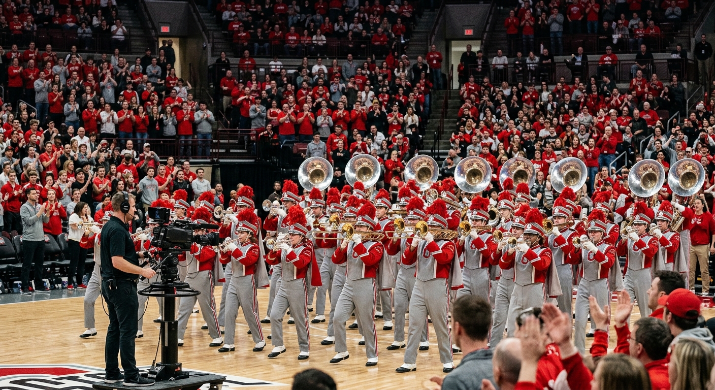a large college marching band in scarlet and gray uniforms playing brass instruments inside a crowded indoor arena, fans in the bleachers clapping, while a broa