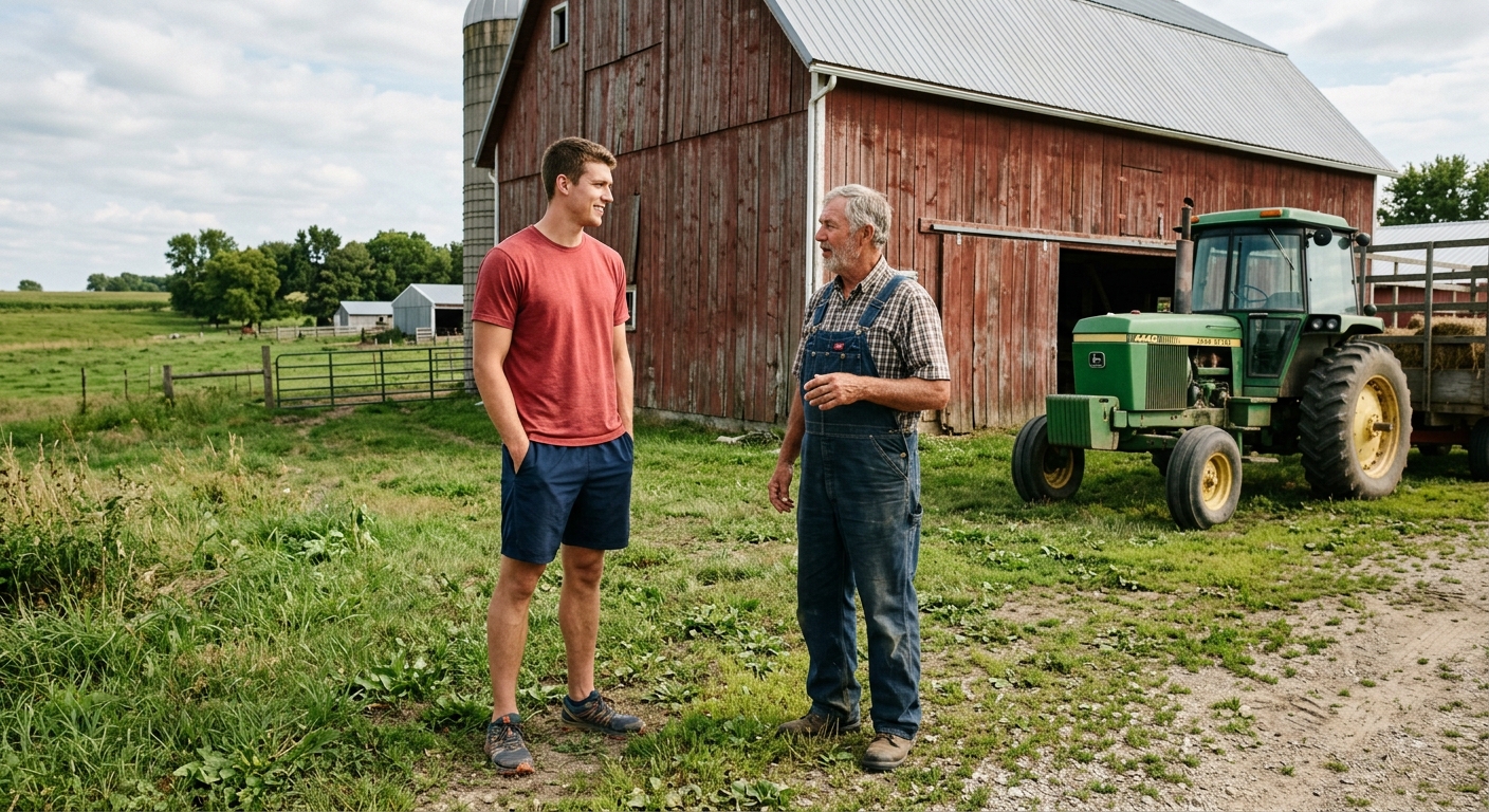 a tall, athletic young man in a plain red athletic shirt standing next to an older man in denim overalls, conversing near a weathered wooden dairy barn and a tr