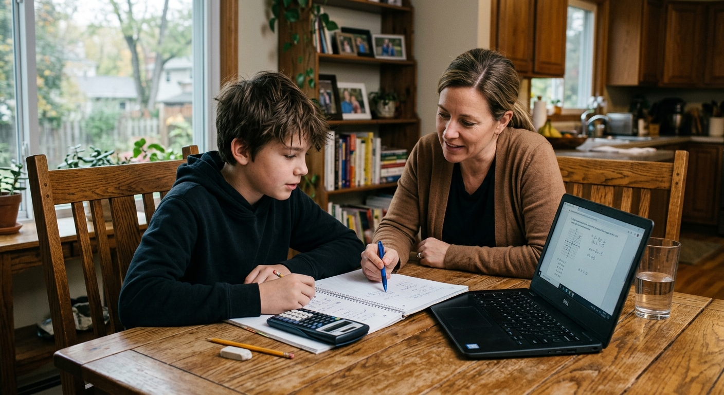 a parent and a middle-school-aged child sitting together at a wooden dining table in a Midwestern home, looking at an open notebook, a calculator, and a laptop,