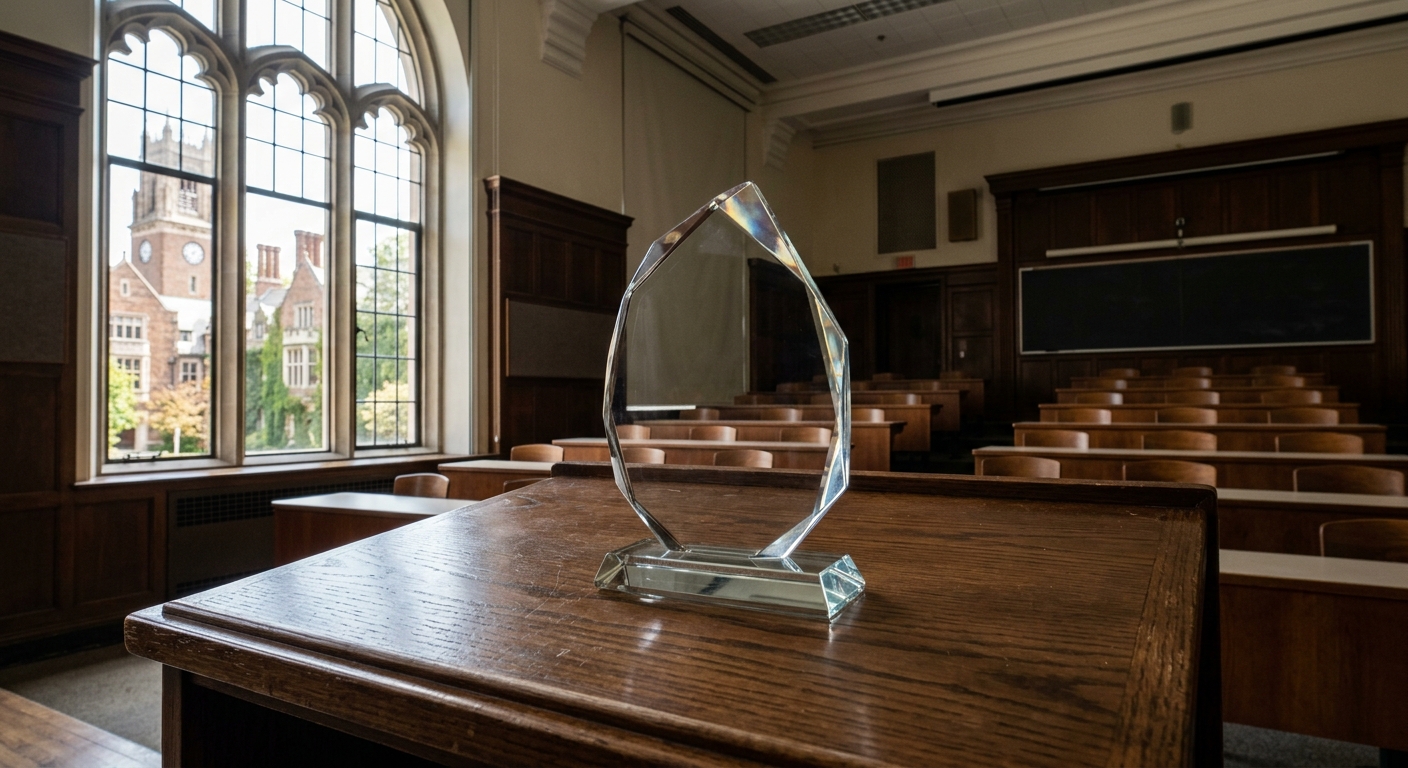 a clear glass achievement award resting on a polished wooden podium in an empty collegiate lecture hall, with classic brick and stone university architecture vi