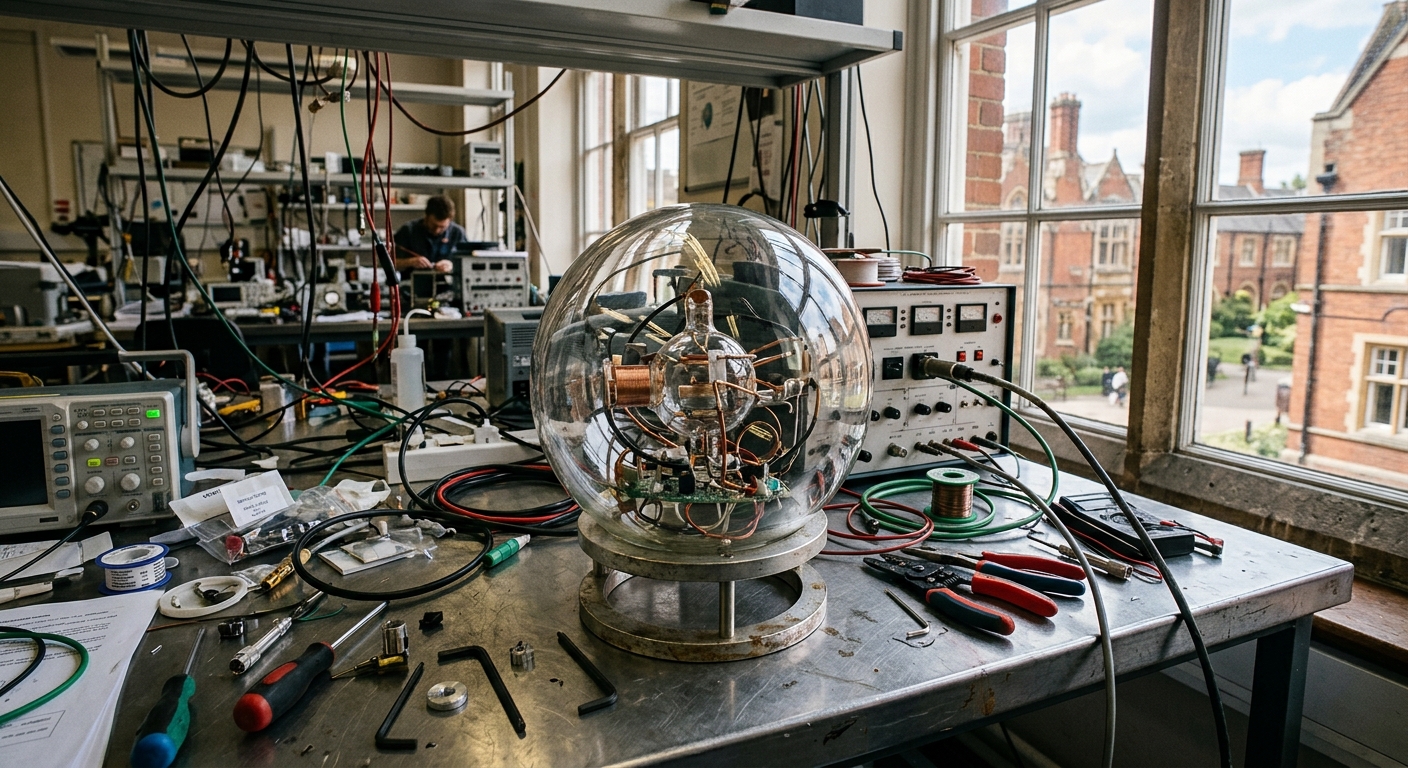 a large, spherical glass optical sensor with complex internal wiring resting on a cluttered stainless steel workbench inside a university physics laboratory, wi