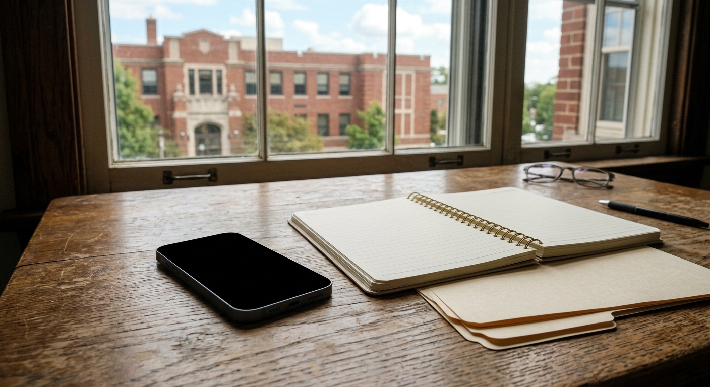 a smartphone resting on a wooden desk next to a blank appointment planner and generic medical folders, near a window looking out at a typical midwestern brick b
