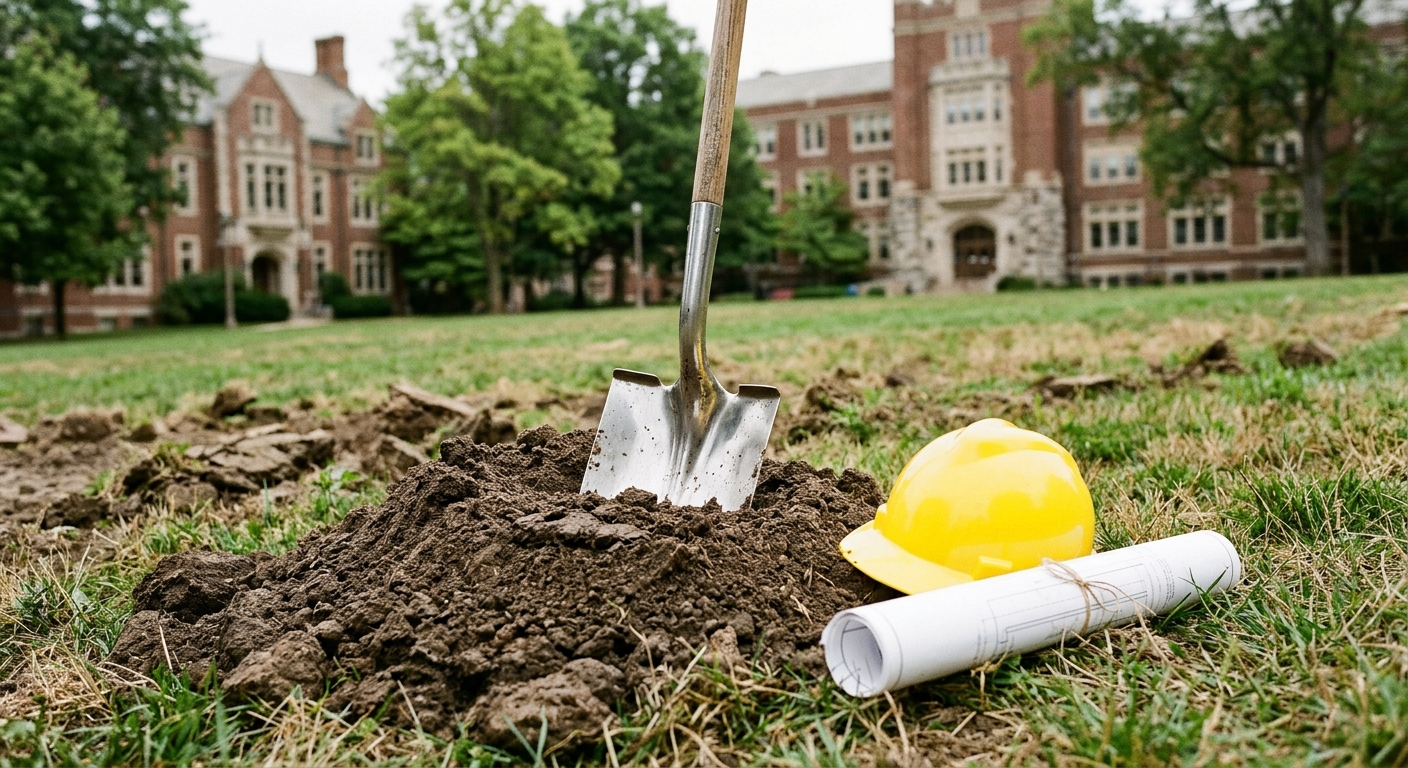 a silver shovel planted in a mound of fresh soil alongside a yellow hard hat and rolled-up architectural blueprints, set on a grassy field with classic red bric