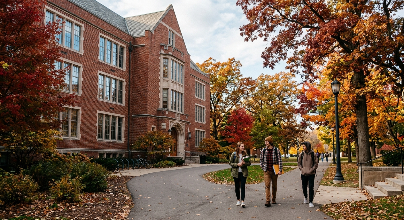 a traditional red brick academic building on a Midwestern university campus with tall glass windows and mature trees with autumn leaves, a few university studen