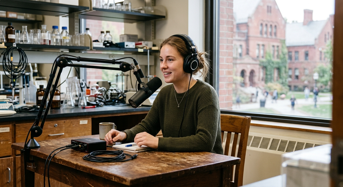 a young adult sitting at a wooden desk in a university laboratory room, wearing over-ear headphones and speaking into a desk microphone, with out-of-focus red b