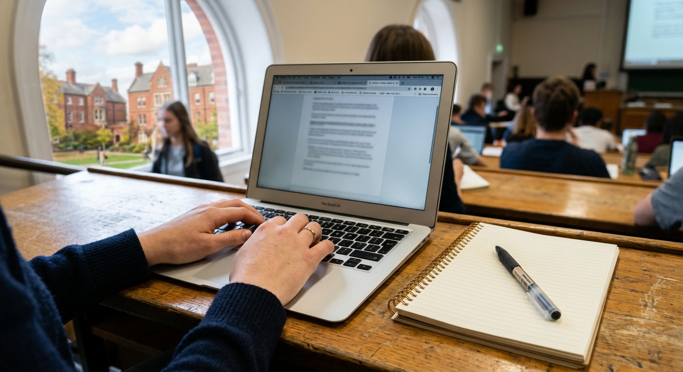 a student's hands resting on a laptop computer next to a spiral notebook and a pen on a wooden desk inside a university lecture hall, with classic red brick cam