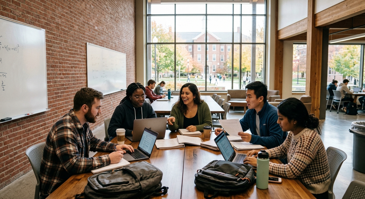 diverse college students collaborating on laptops and reviewing documents around a large table in a spacious, modern campus workspace with exposed brick walls a