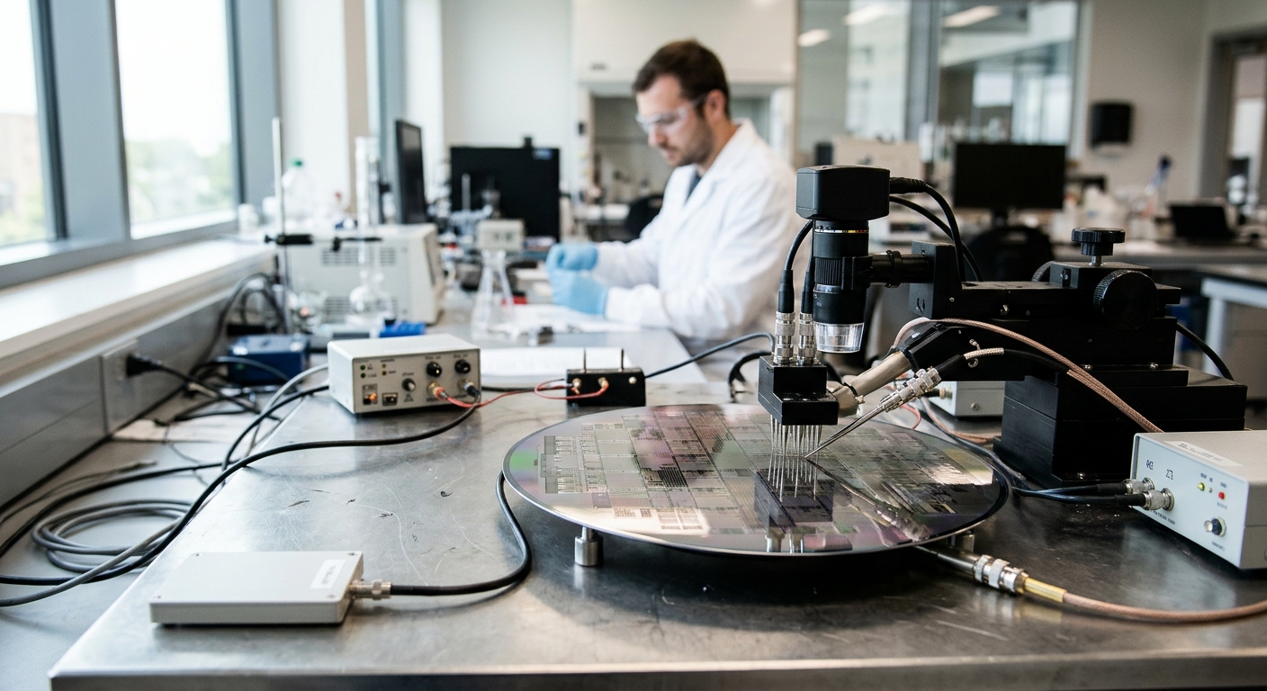 a close-up of a glossy silicon semiconductor wafer and complex microelectronics testing equipment on a stainless steel laboratory workbench, a researcher in a w